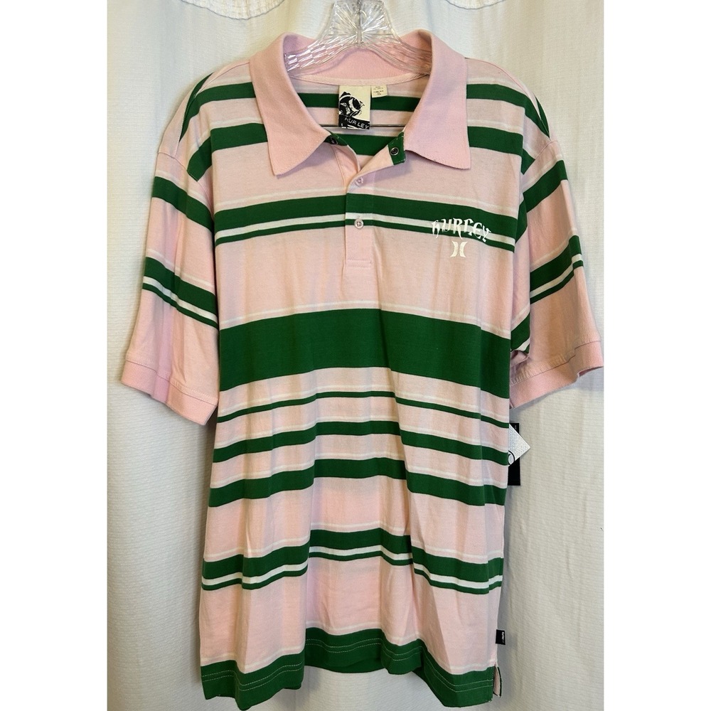 Hurley Pink & Green Striped Polo Shirt Mens L NWT Rugby